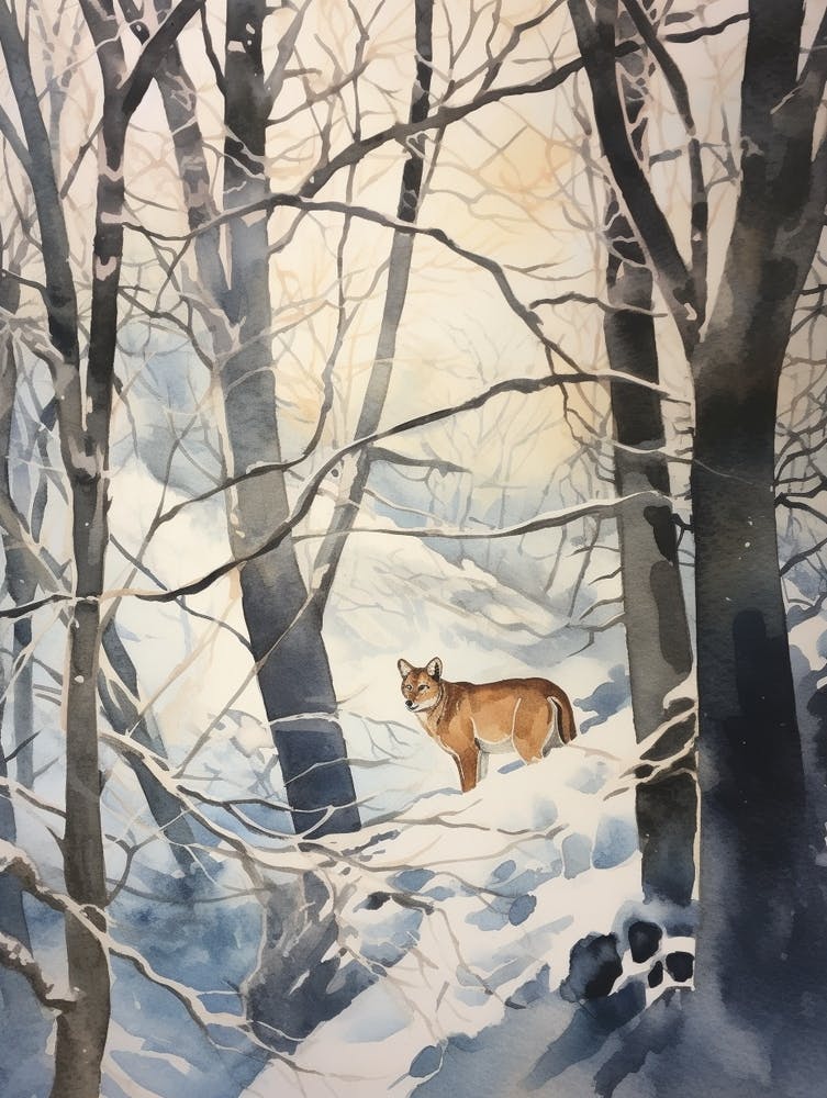 Winter Watercolour Mountain Lion 3