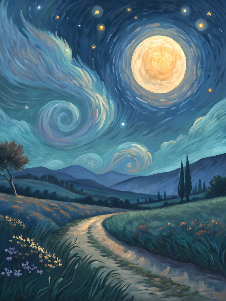 Van Gogh Starry Path Moonlit Landscape & Cypress Trees