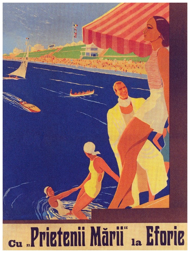 Romania, Beach, Prietenii Marii, Vintage Travel Poster
