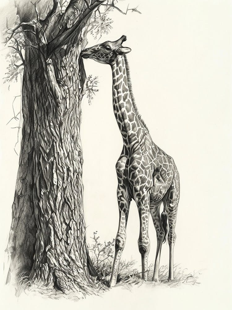 Giraffe Scratching Against A Tree Pencil Drawing 1