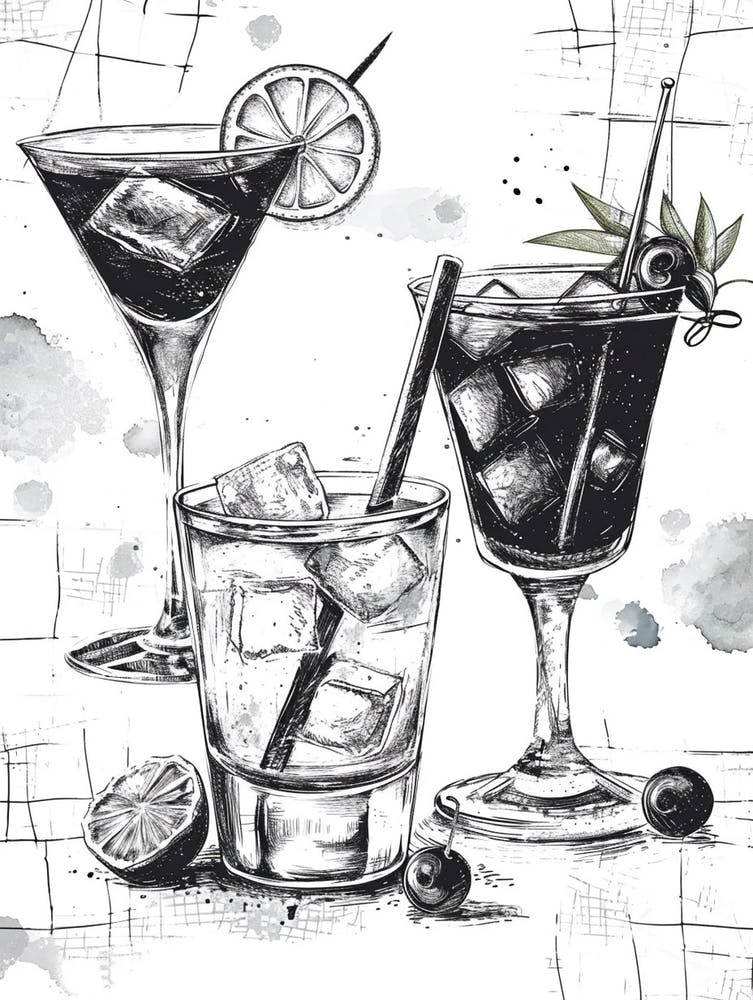 Cocktail Selection Linework Sketch Illustration
