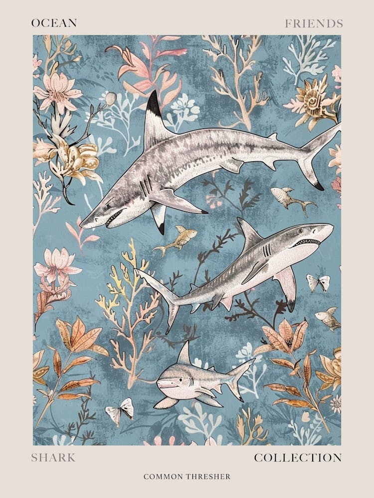 Pastel Blue Common Thresher Watercolour Seascape Pattern 1 Poster