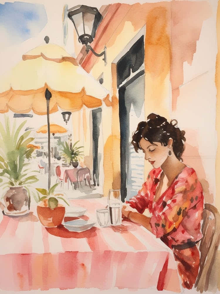 At A Cafe In Santander Spain Watercolour