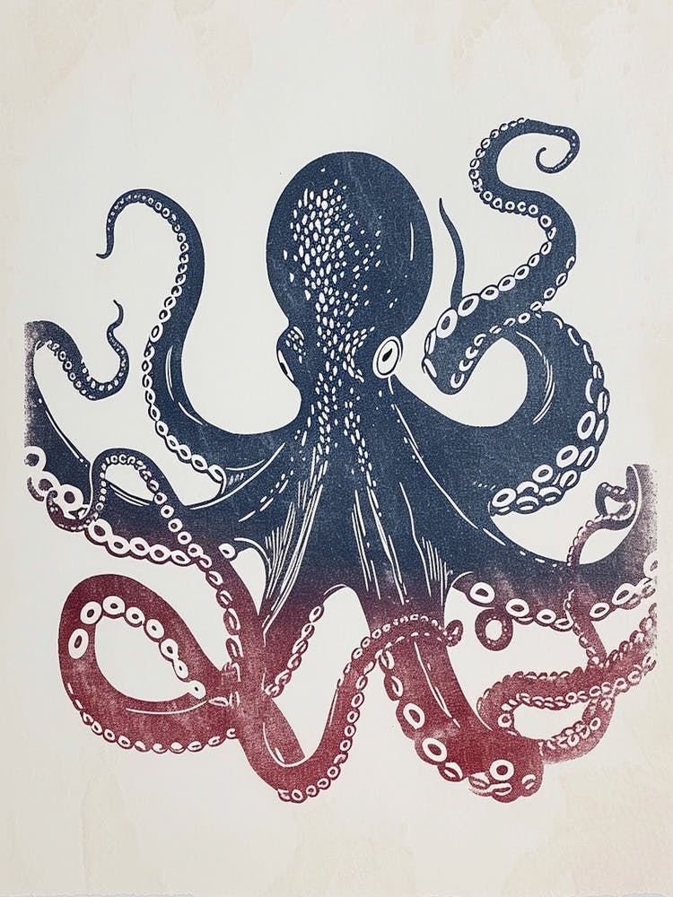 Red & Blue Simple Linocut Style Octopus 3