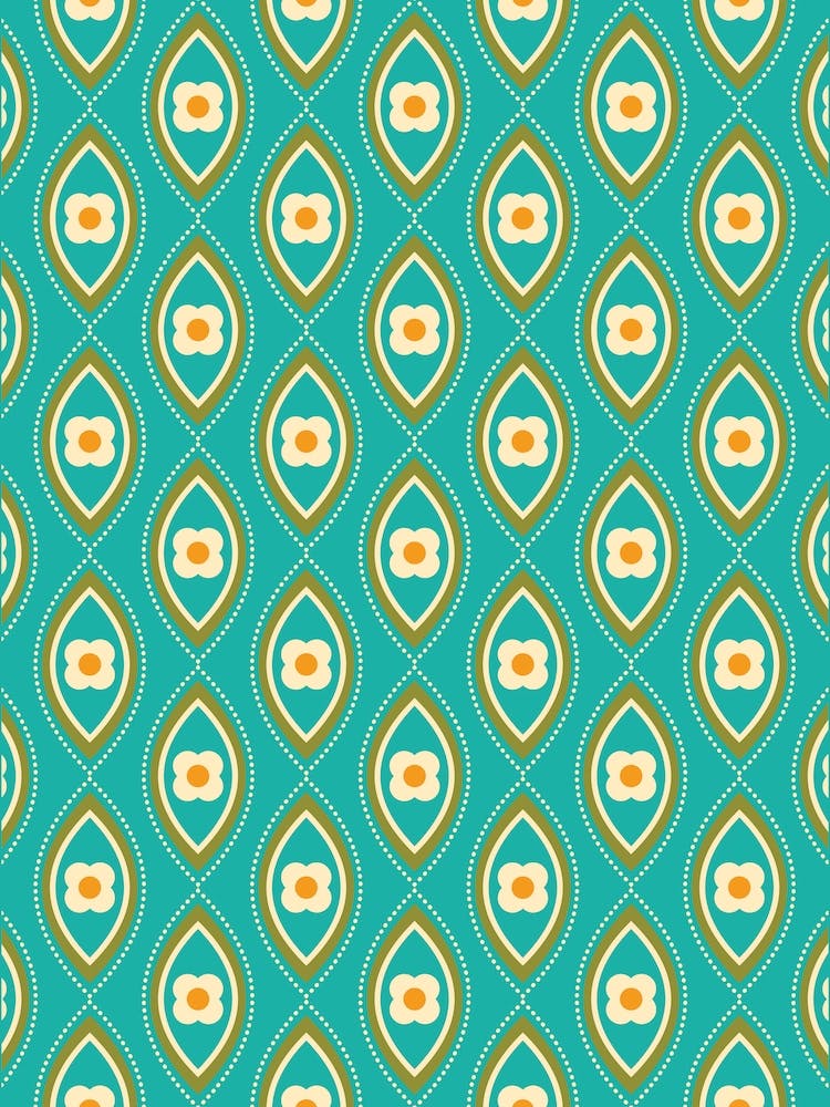 Retro Drop Shapes and Flowers, Teal