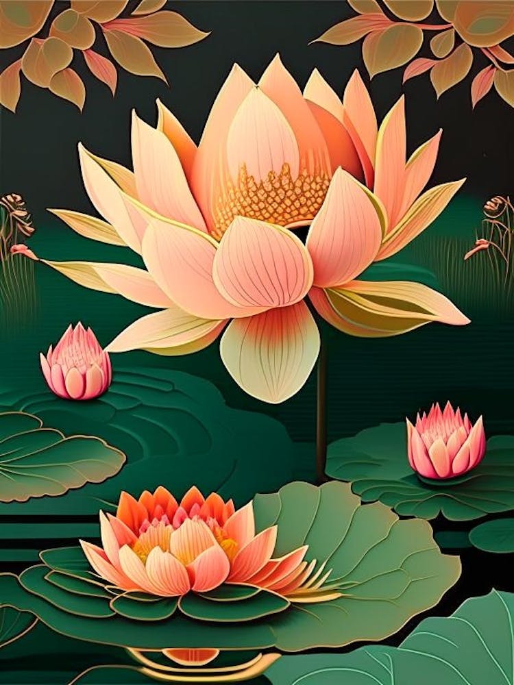 Fleur de Lotus en Éclosion dans un Lac - Illustration Rétro 4
