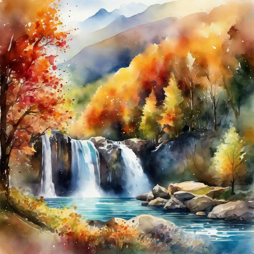 Picturesque Valley Surrounded Fall Tees, Waterfalls, Landscape, Watercolor