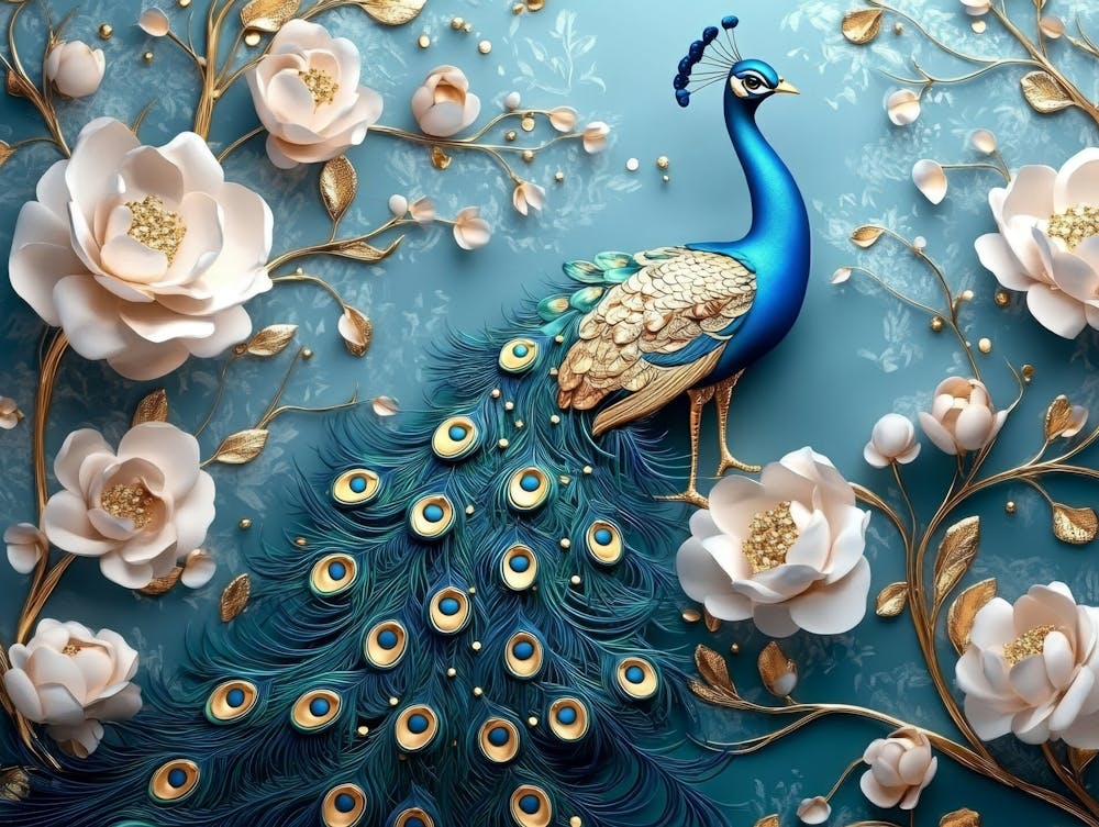 3D-Pfauenillustration Goldener Schmuck und Blumen