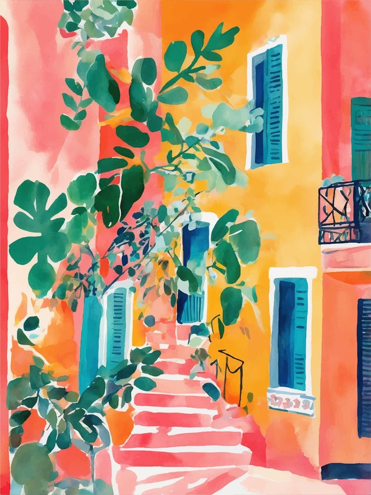 Watercolor streets of Italy vintage staircase
