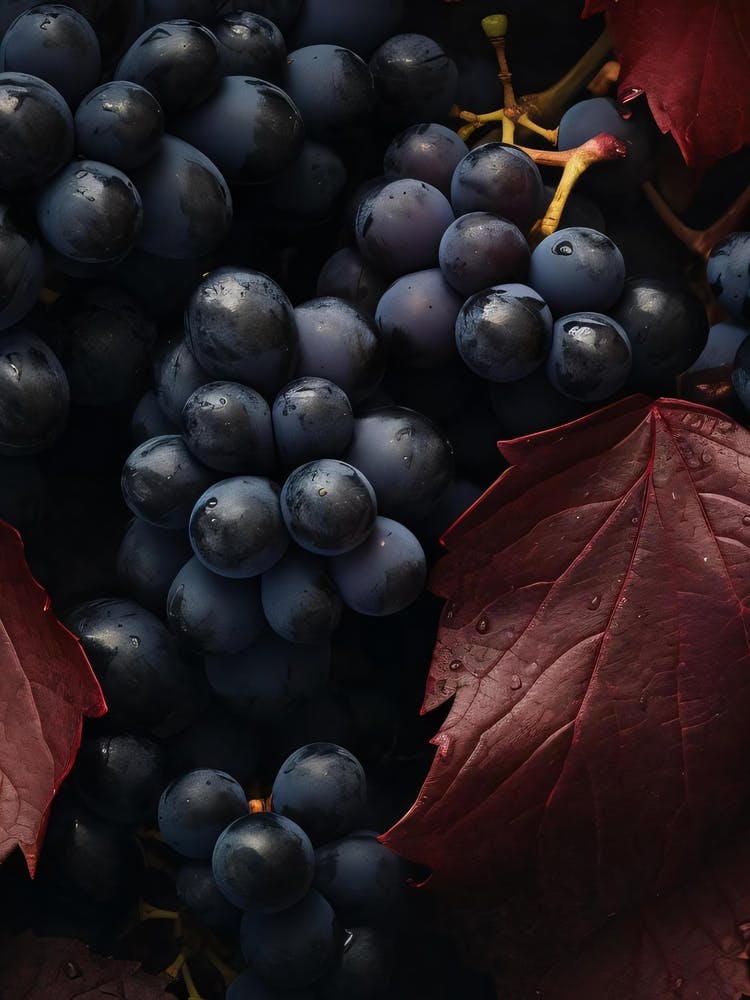 Black Grapes With Red Leaves
