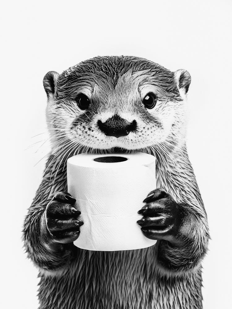 Bathroom Otter Print - Funny Animal Holding Toilet Paper Minimalist Black & White Wall Art Cute Bathroom Decor, Monochrome Funny Bathroom Art for Quirky Bathroom Wall Decor