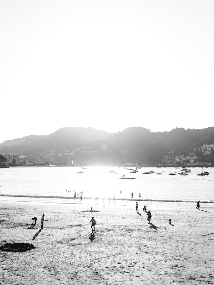 Playtime At The Beach, Black And White St Sebastian, Spain