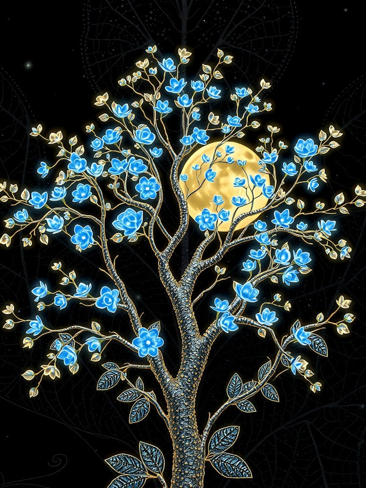 Moon Tree With Blue Flowers