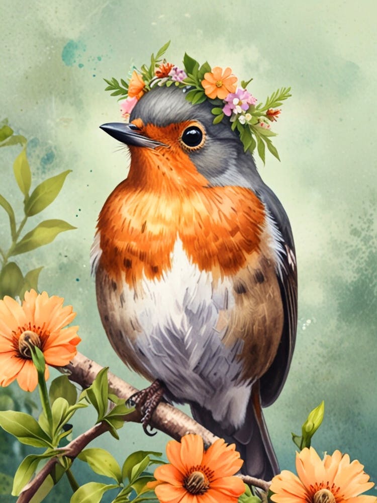 Robin In Flower Crown