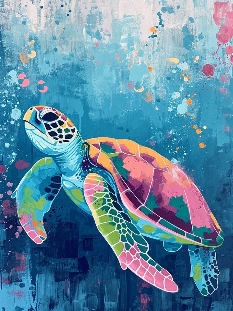 Pastel Sea Turtle In The Ocean With Bubbles 3