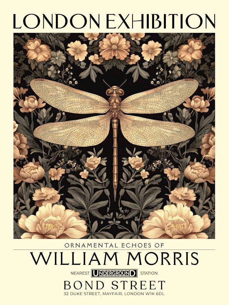 William Morris Dragonfly and floral artwork in Warm earth tones, insect and flower pattern dark academia library Botanical vintage print, living room vintage decor Floral tapestry Victorian nature art 10