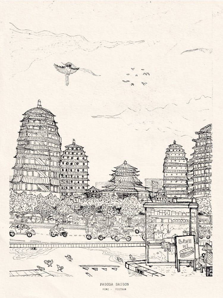 Saigon Pagode Vietnam Stadtlandschaft Feder und Tinte