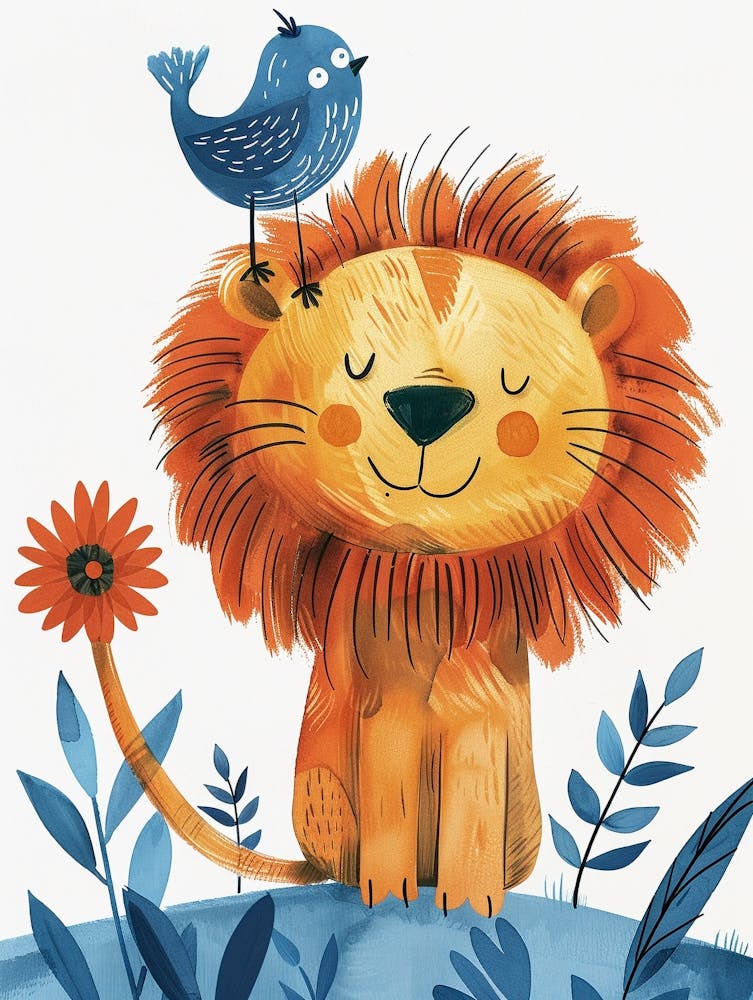 Small Joyful Lion With A Bird On Its Head 21