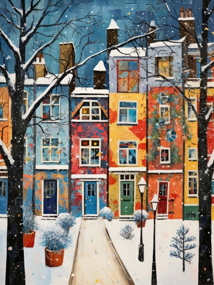 Katze in den Straßen von London im Matisse-Stil mit Schnee