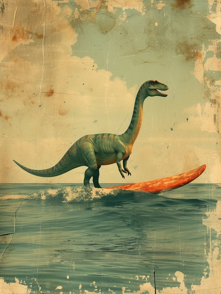 Vintage Heterodontosaurus Dinosaur On A Surf Board 1