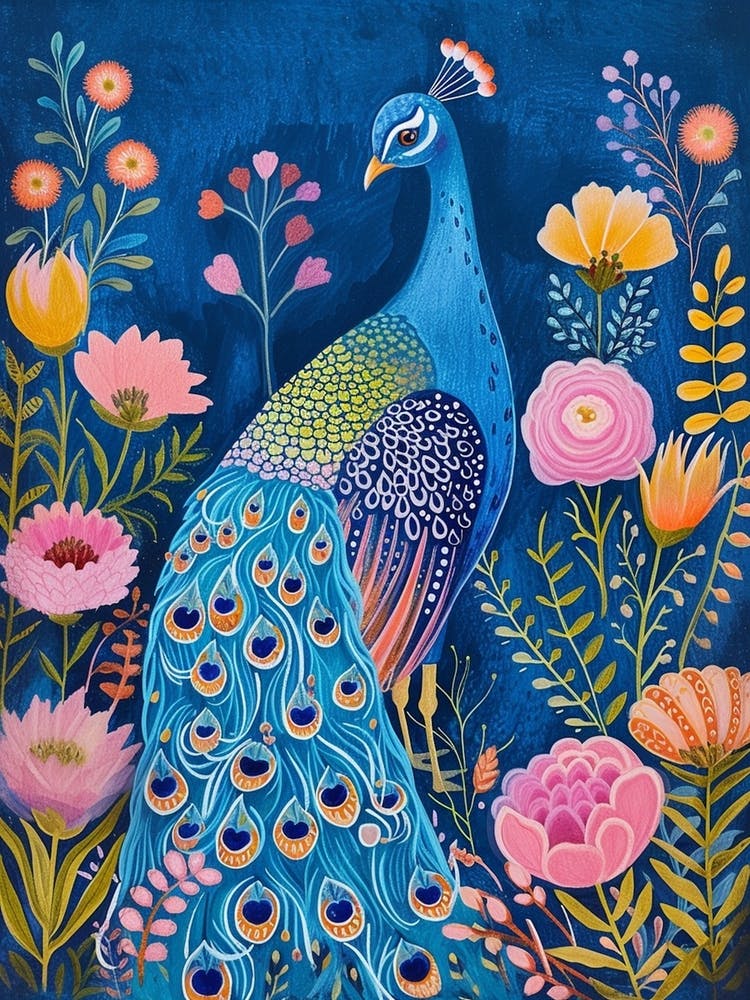 Blue Peacock Floral Portrait