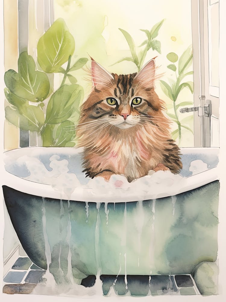 Maine Coon Cat In Bathtub Botanical Bathroom 2