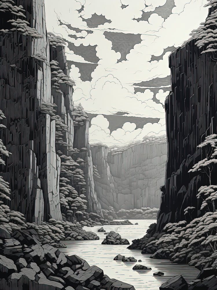 Tojinbo Cliffs In Fukui, Ukiyo E Black And White Line Art Drawing 4