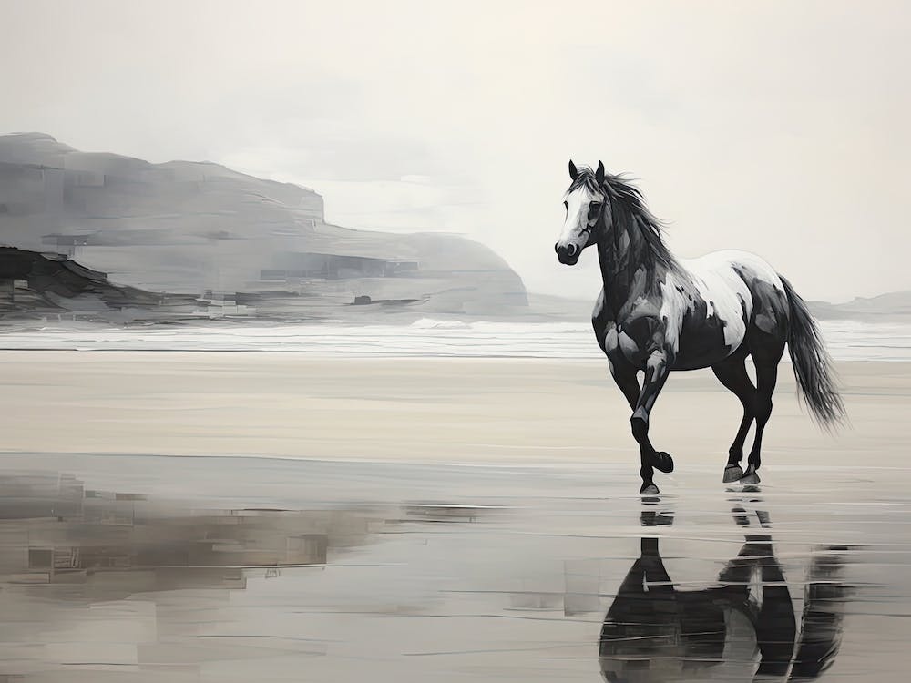 A Horse Oil Painting In Rhossili Bay Wales, Uk, Landscape 3