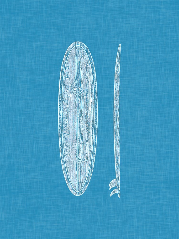Vintage Surfboard Silhouette On Ocean Blue Linen Texture