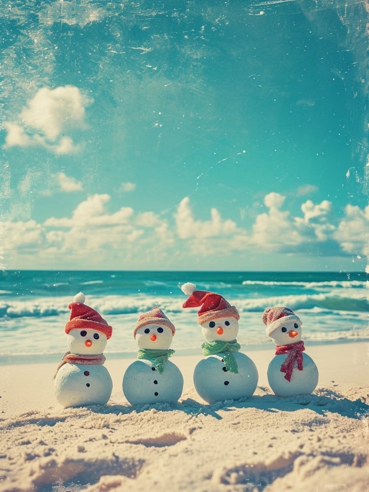 Snowmen On The Beach Retro Photo 3