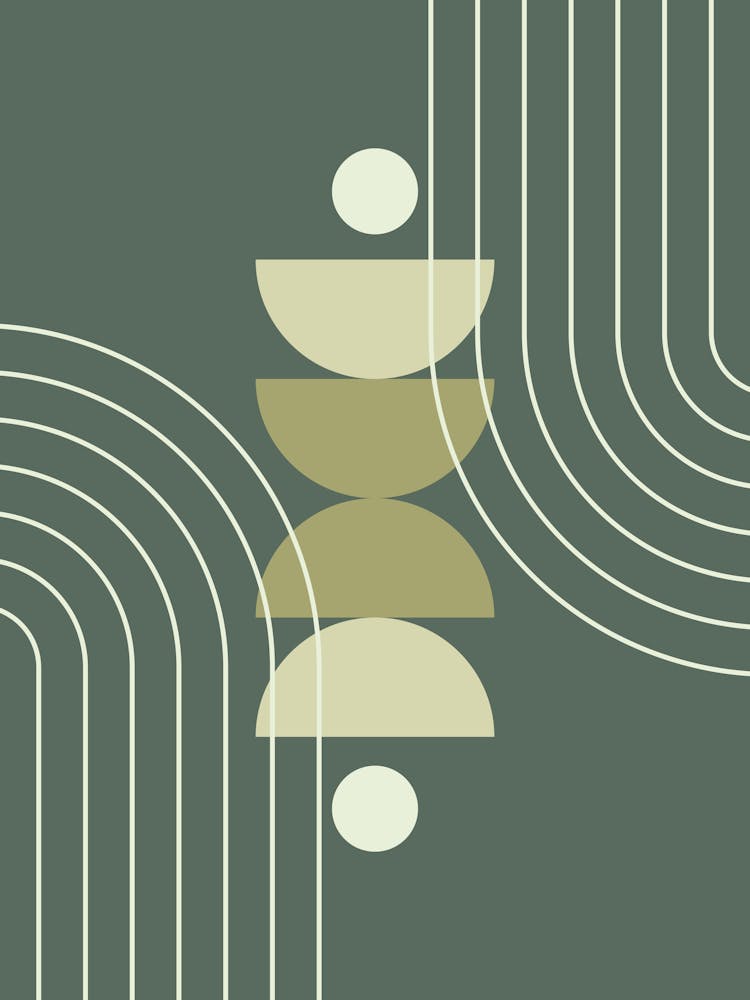 Modern Mid Century Sun, Moon Phases and Rainbow Abstract 32 in Forest Sage Green