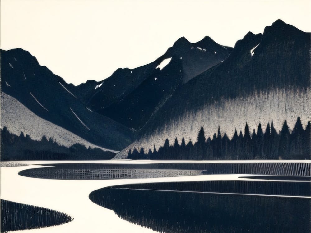 Black And White  Of A Mountain Lake