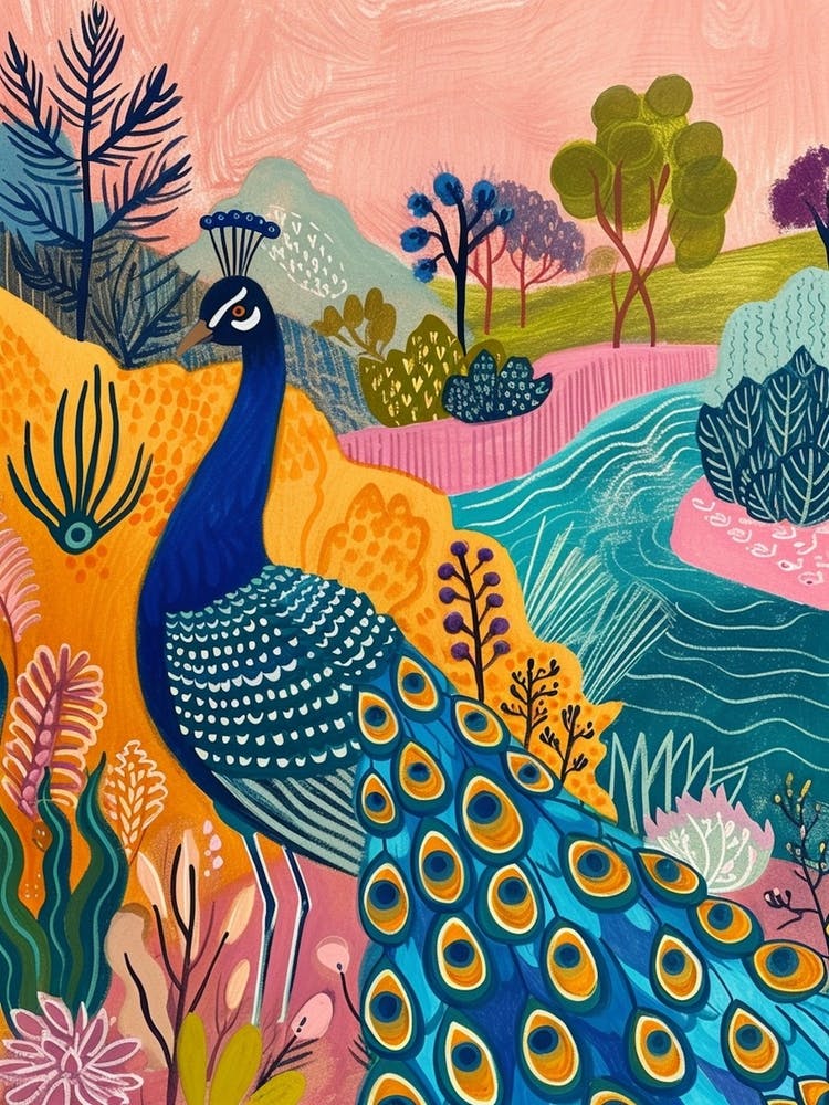 Folky Floral Peacock By The River 2