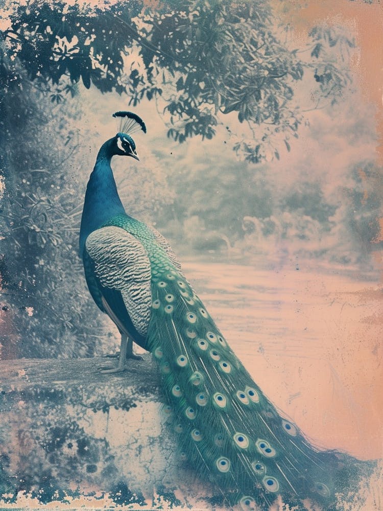 Vintage Peacock By The Water Cyanotype Inspired  1