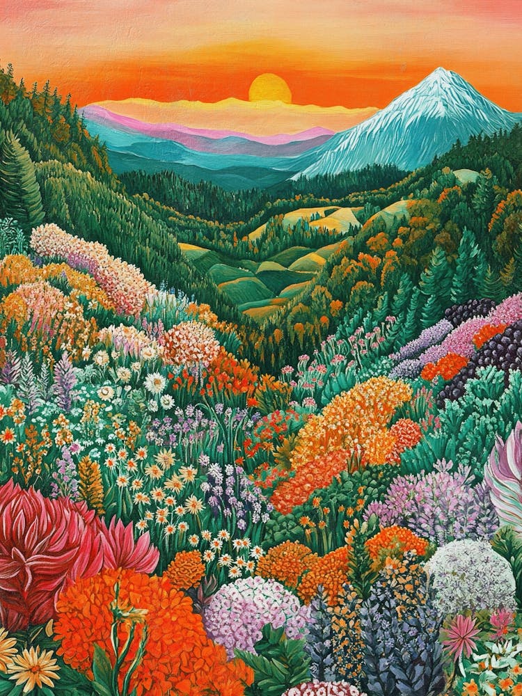 vivid countryside painting of a colorful valley in rich orange, plum, and jade ideal for cottagecore interiors, nature-themed rooms, or cozy spaces
