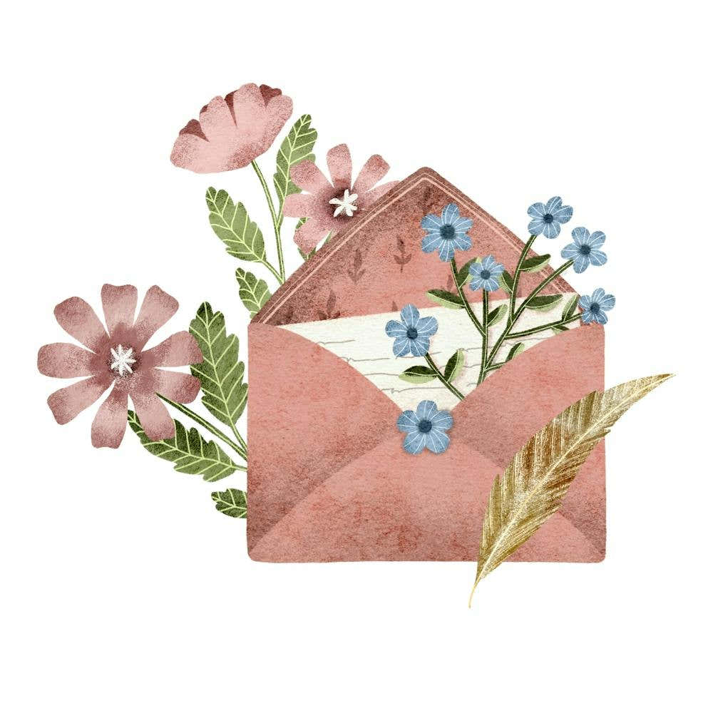 Watercolor Flowers In A pink Envelope