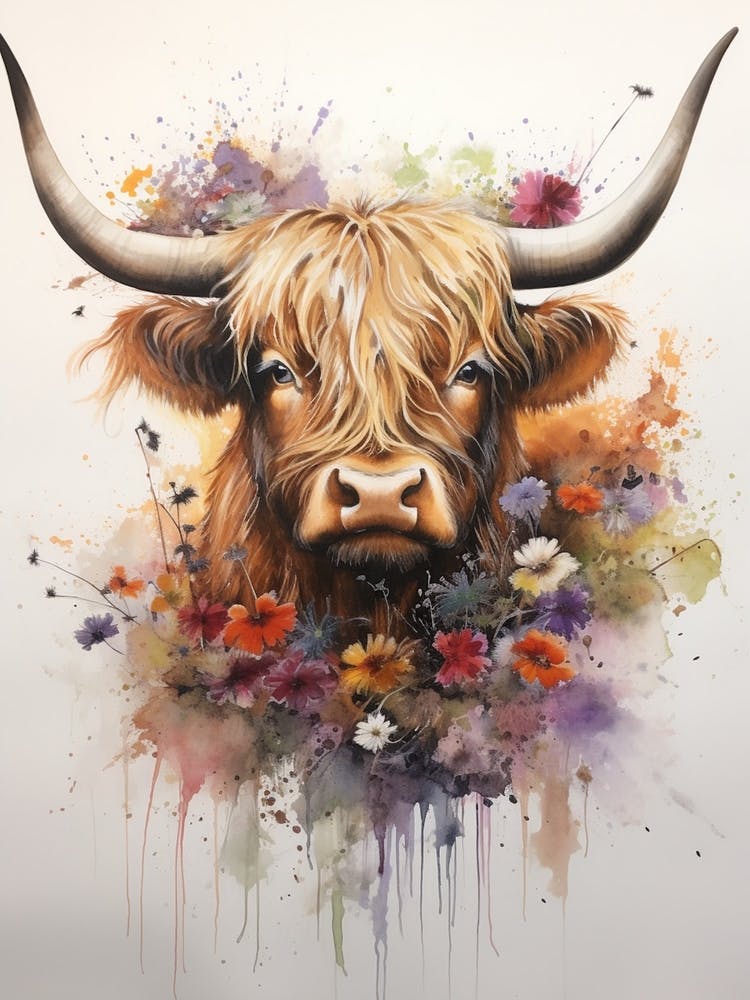Colourful Highland Cow In The Wildflower Field  1