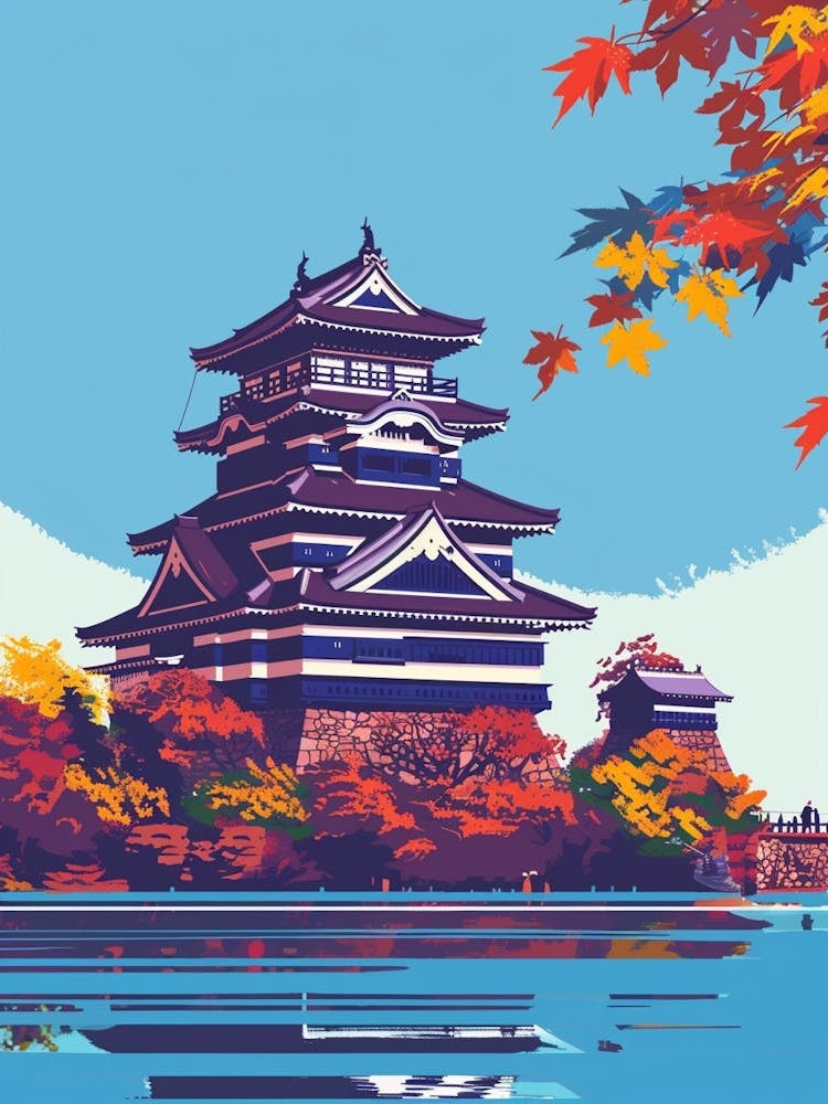 Hiroshima Castle Colourful Illustration