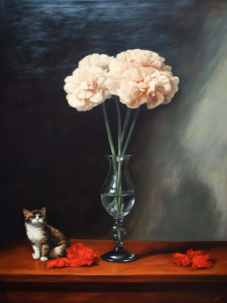 Painting Of A Still Life Of A Carnations With A Cat, Realism 2
