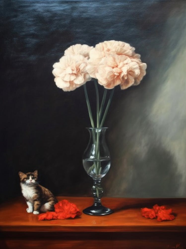 Painting Of A Still Life Of A Carnations With A Cat, Realism 2