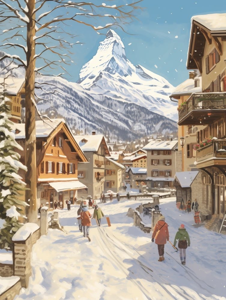 Vintage Winter Illustration Zermatt Schweiz 1