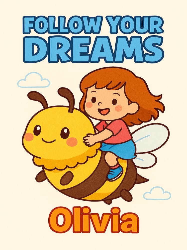 Follow Your Dreams Olivia - Personalized Cute Bee Girl Wall Art for Kids Room Decor |
