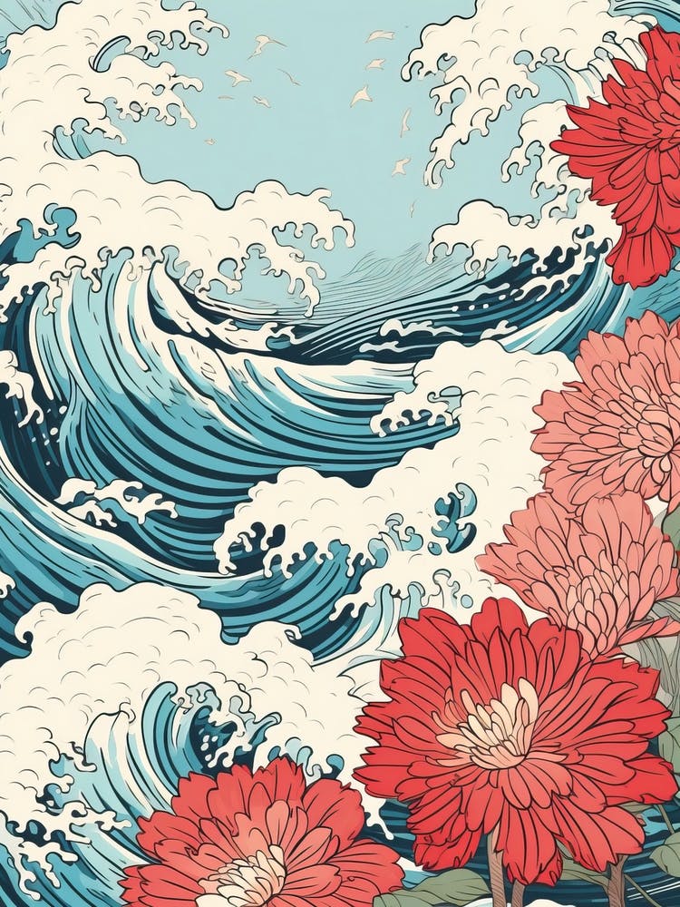 Große Welle mit Asterblumenzeichnung im Ukiyo-e-Stil 4