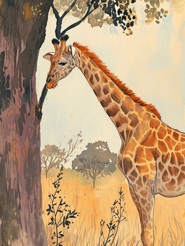 Giraffe Scratching Against The Tree Portrait 3