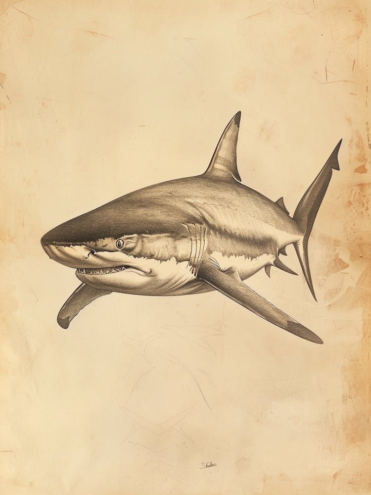 Vintage Bull Shark Pencil Illustration 1