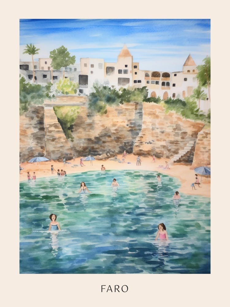 Swimming In Faro Portugal Watercolour Poster
