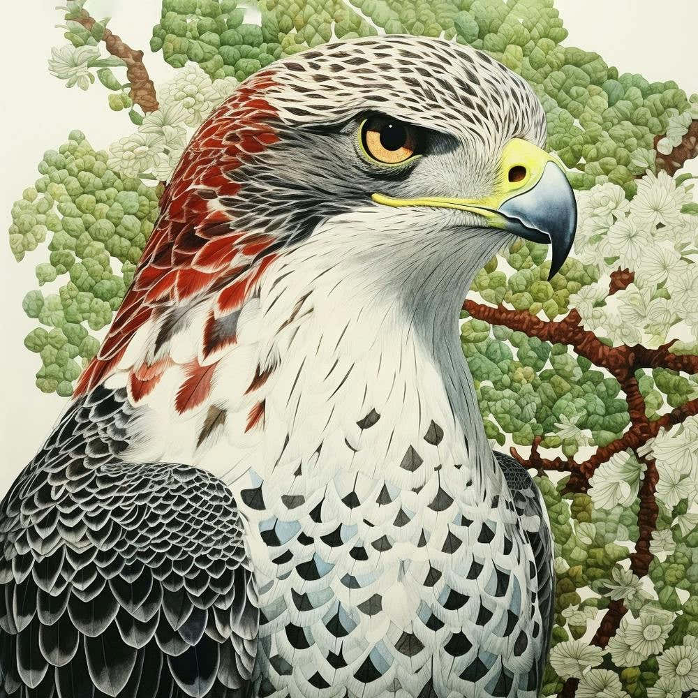Ohara Koson Inspired Bird Painting Red Tailed Hawk 1 Square