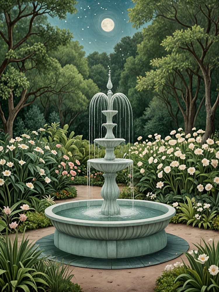 Fountain In The Moonlit Garden