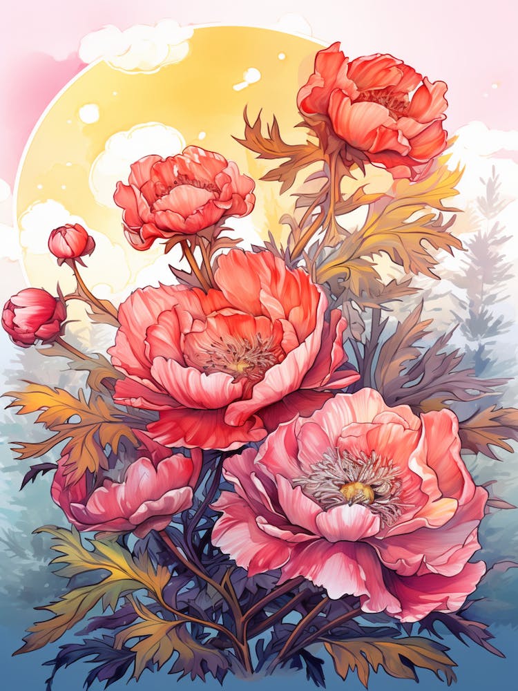Peony With Sunset In Watercolors (7)