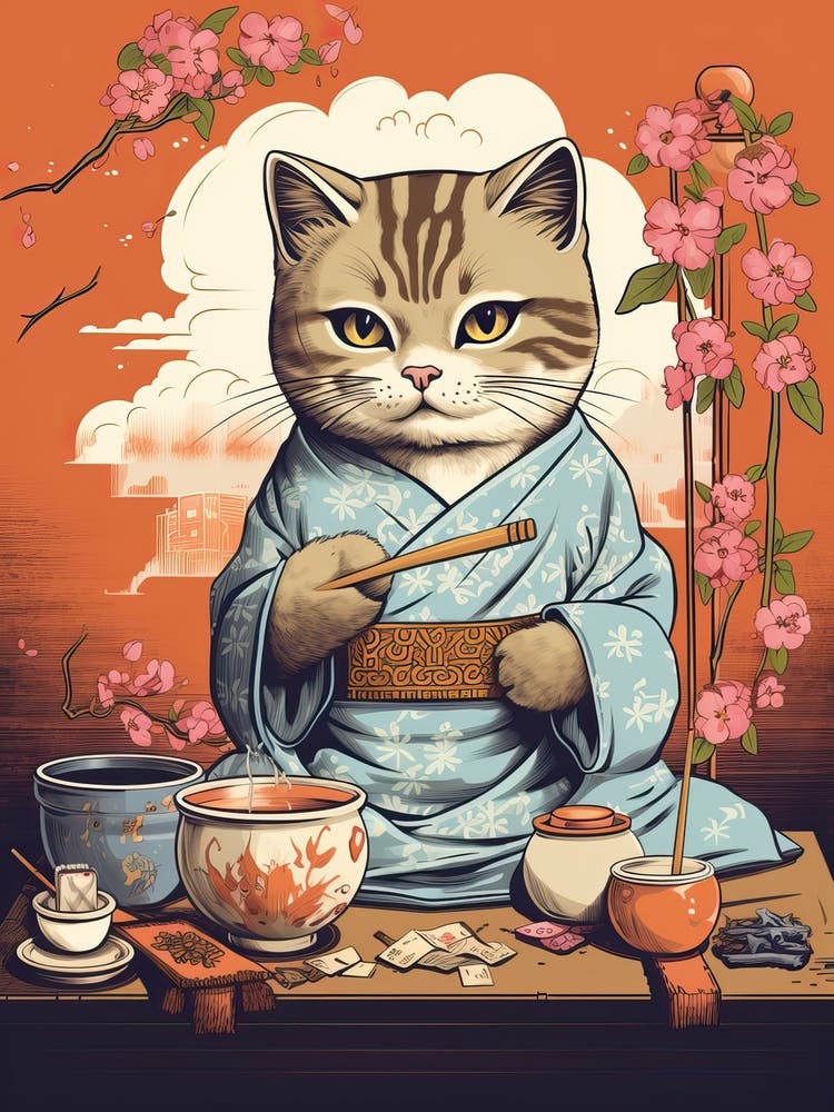 Kawaii Cat Drawings Drinking Tea 3